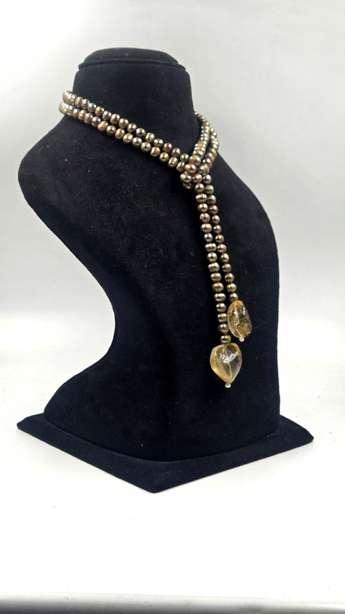 Citrine & Permanent Dyed Freshwater Pearl Scarf Necklace | 87.90 Grams