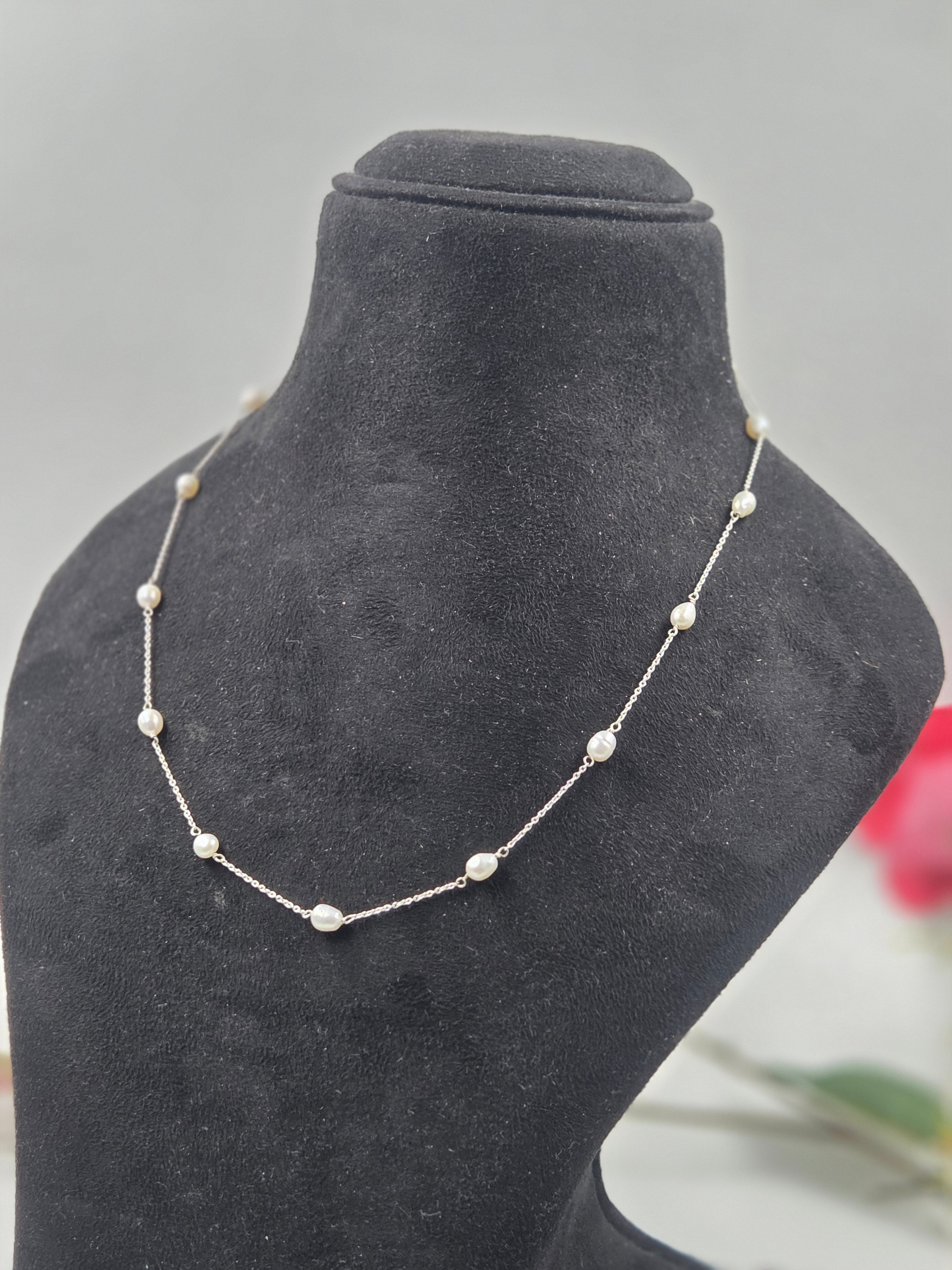Freshwater Pearl Link Station Necklace in Sterling Silver
