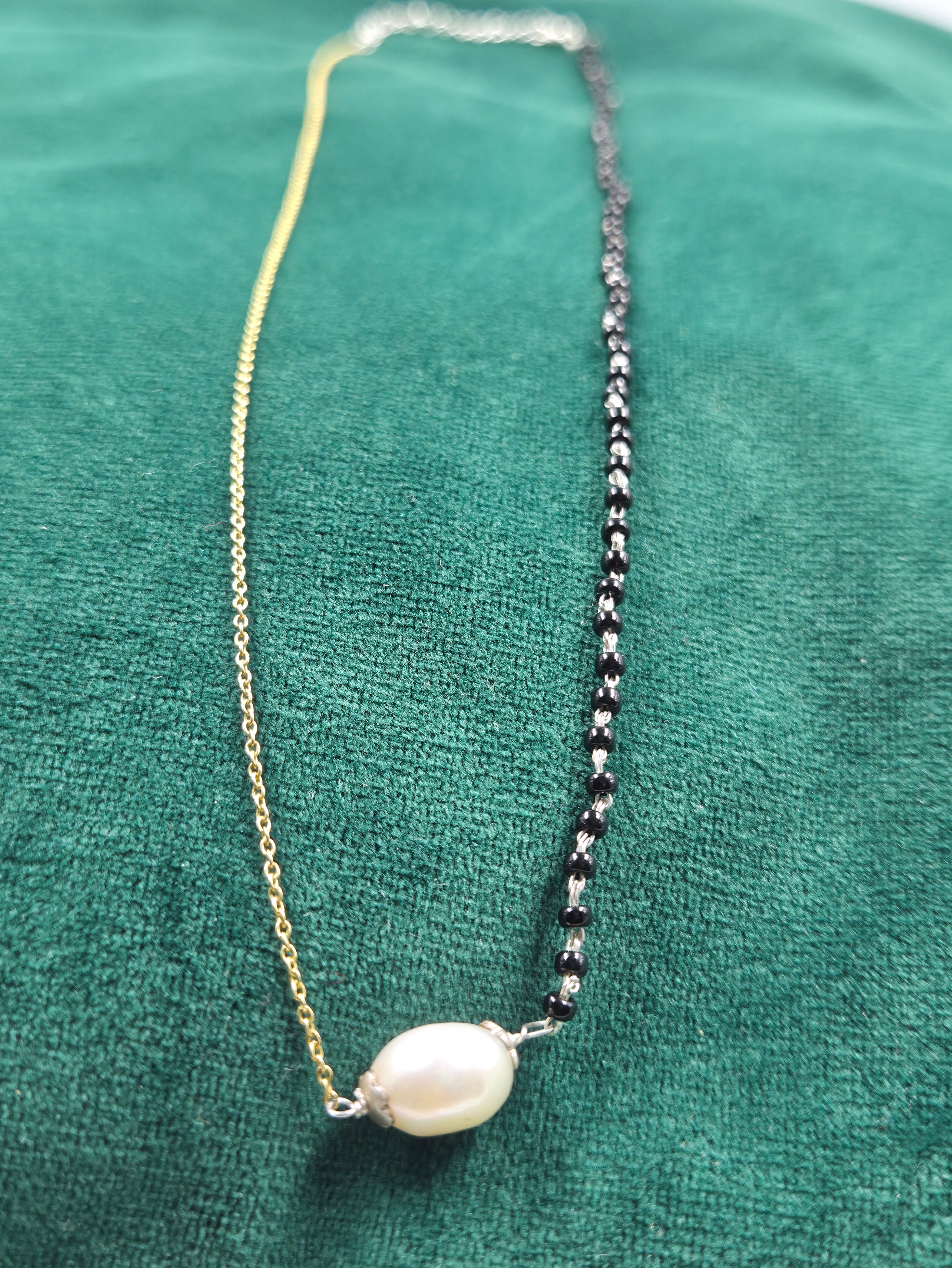Black Beads Silver & Freshwater Pearl Dual-Tone Necklace