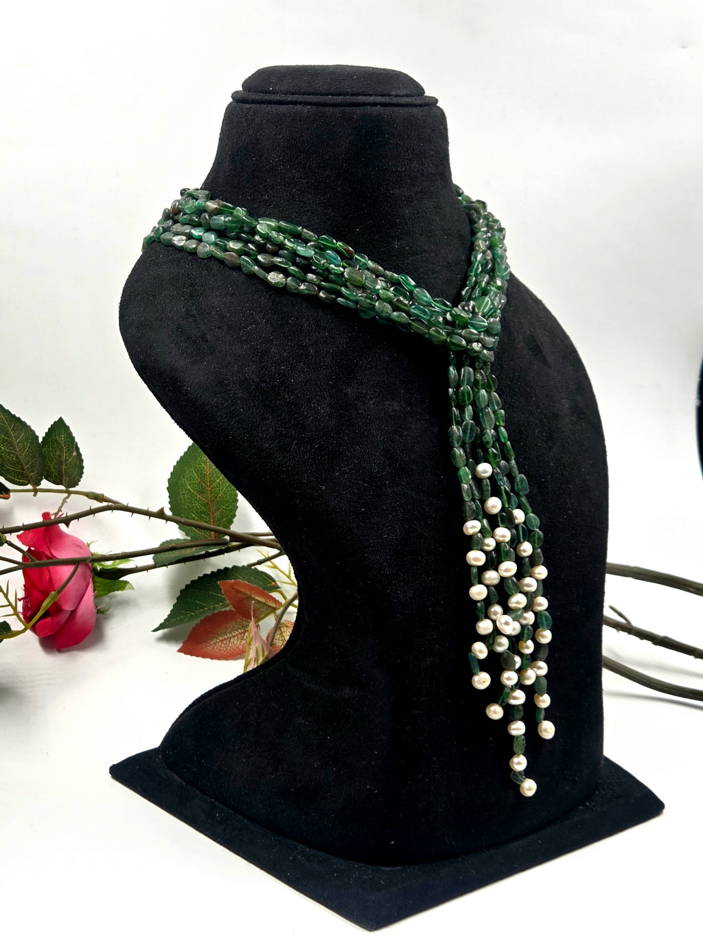 3-Strand Green Aventurine Scarf Necklace with Freshwater Pearls