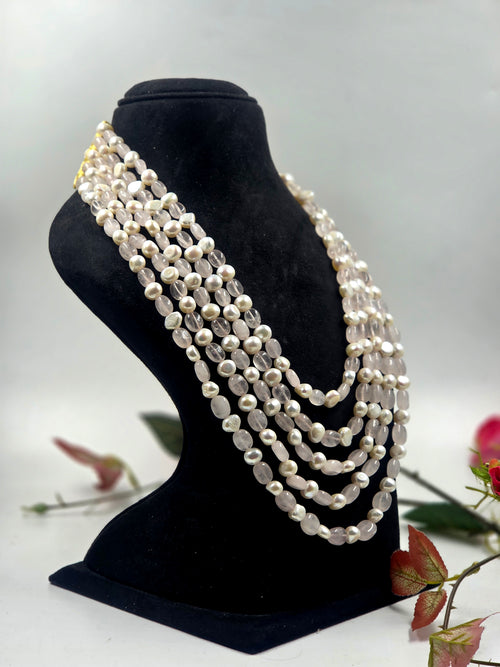 5-Line Rose Quartz & Freshwater Pearl Sarafa Necklace