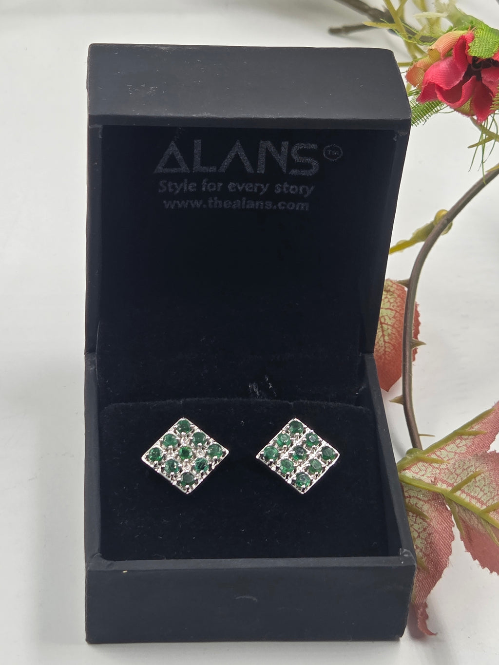 Natural Emerald Square Pave Stud Earrings in Sterling Silver