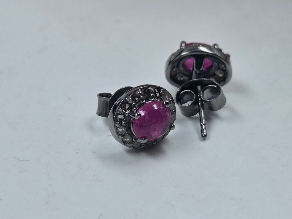 Natural Diamond & GF Ruby Halo Stud Earrings in Sterling Silver