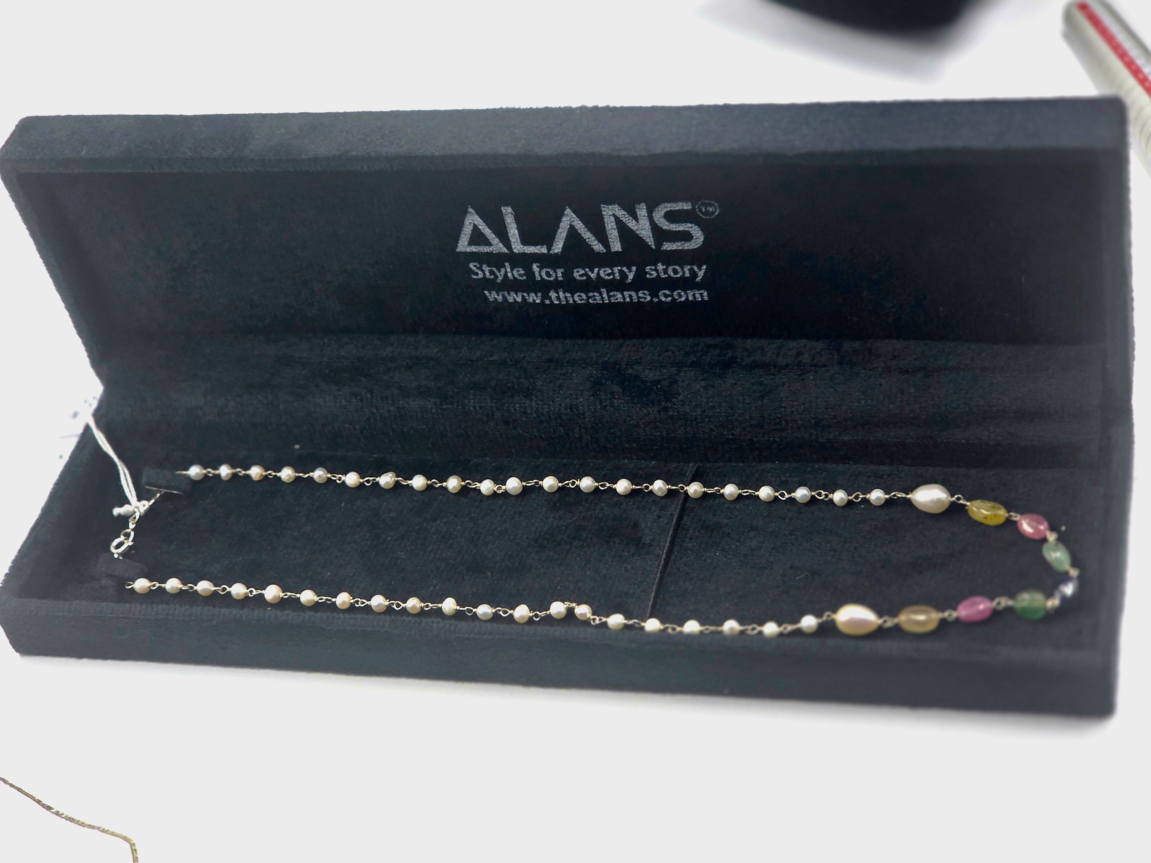 Natural Emerald & Gemstone Mix Necklace with Freshwater Pearls in Sterling Silver