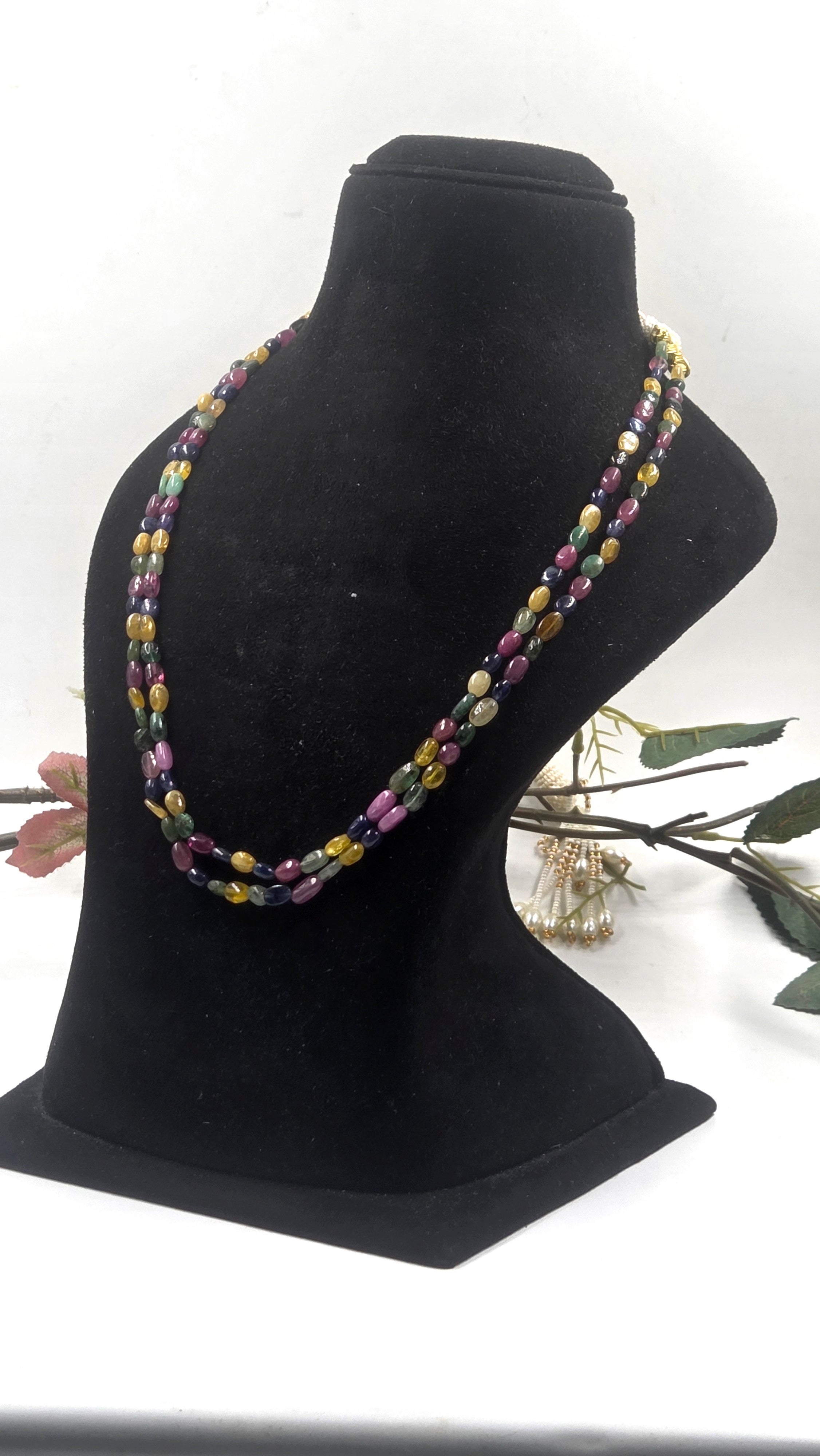 Natural Emerald, GF Ruby, GF Yellow & Blue Sapphire Dual-Line Necklace – 47g