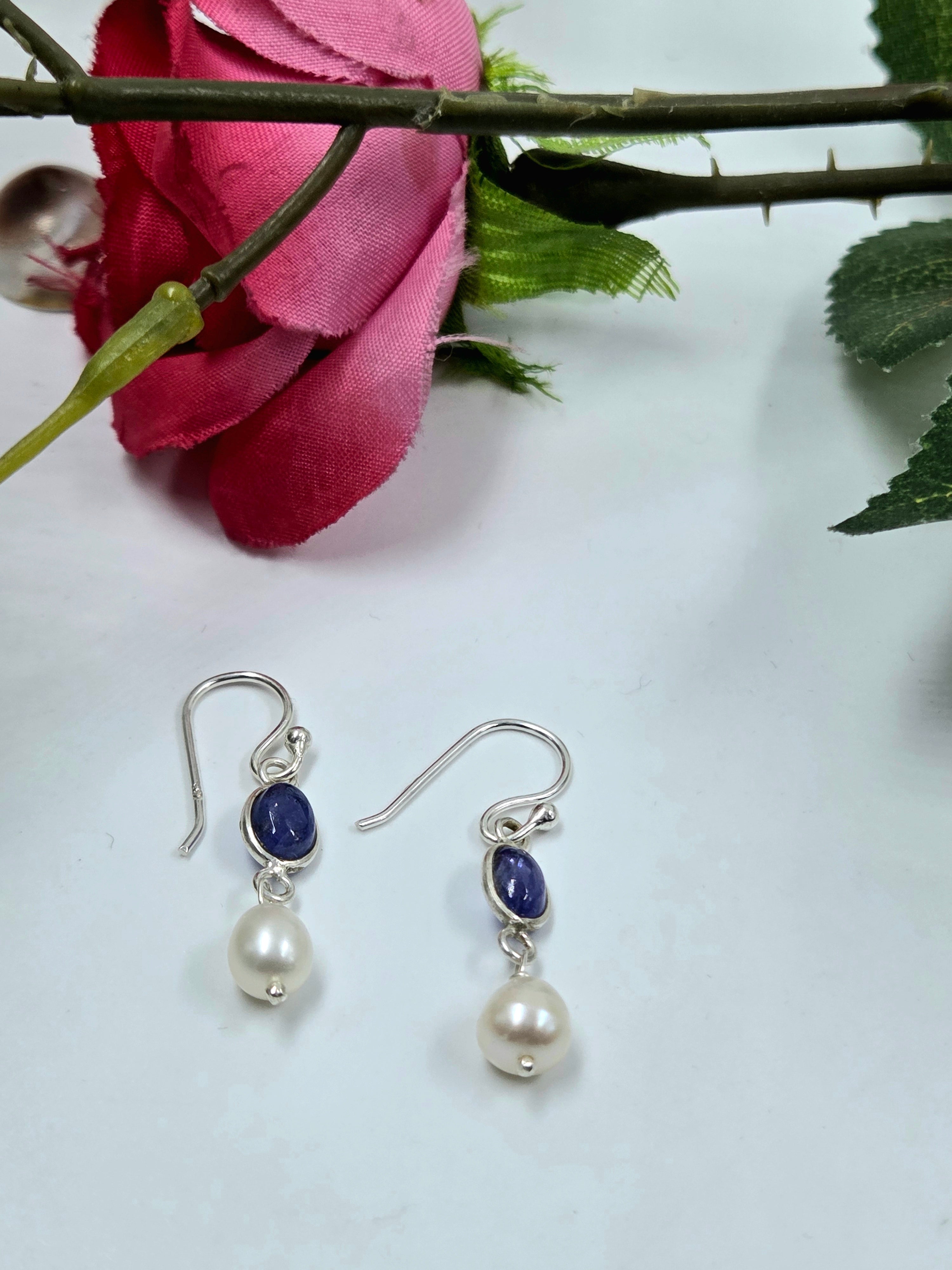 Tanzanite & Freshwater Pearl Earrings in Sterling Silver