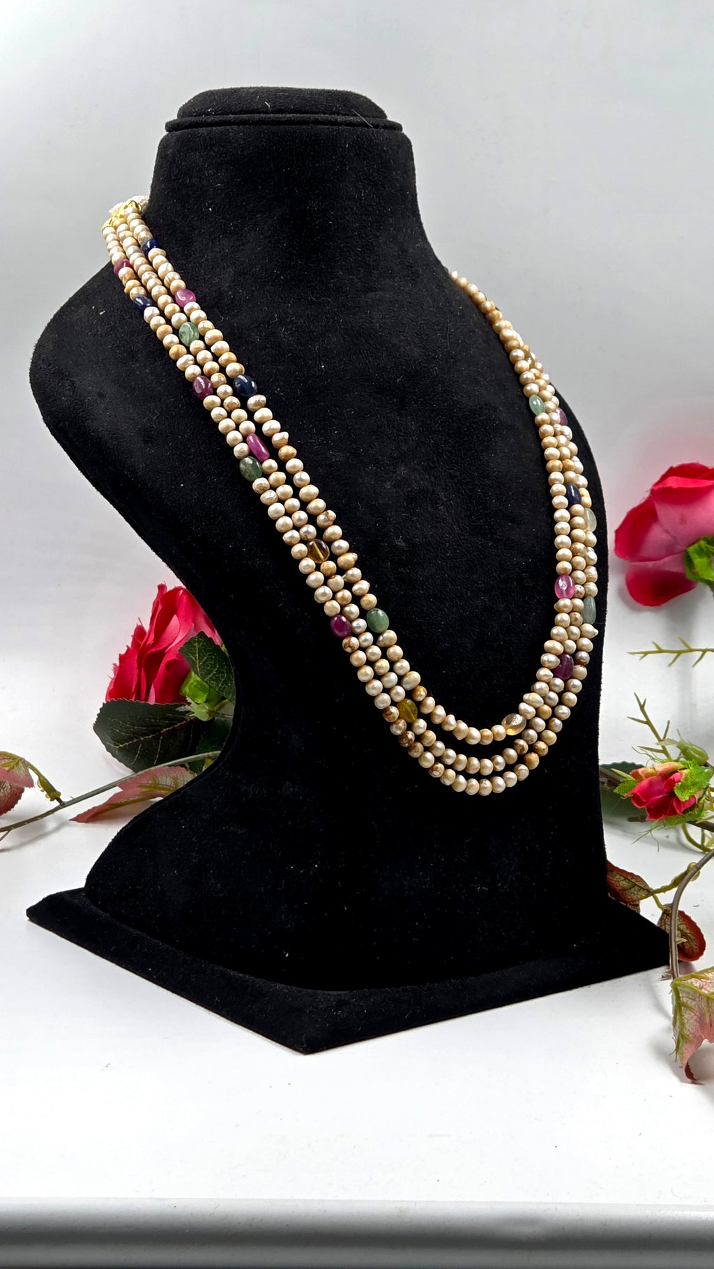 Royal Sarfa Style Triple-Line Pearl & Multi-Gem Necklace