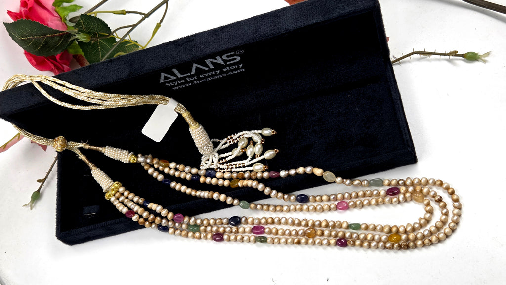 Royal Sarfa Style Triple-Line Pearl & Multi-Gem Necklace