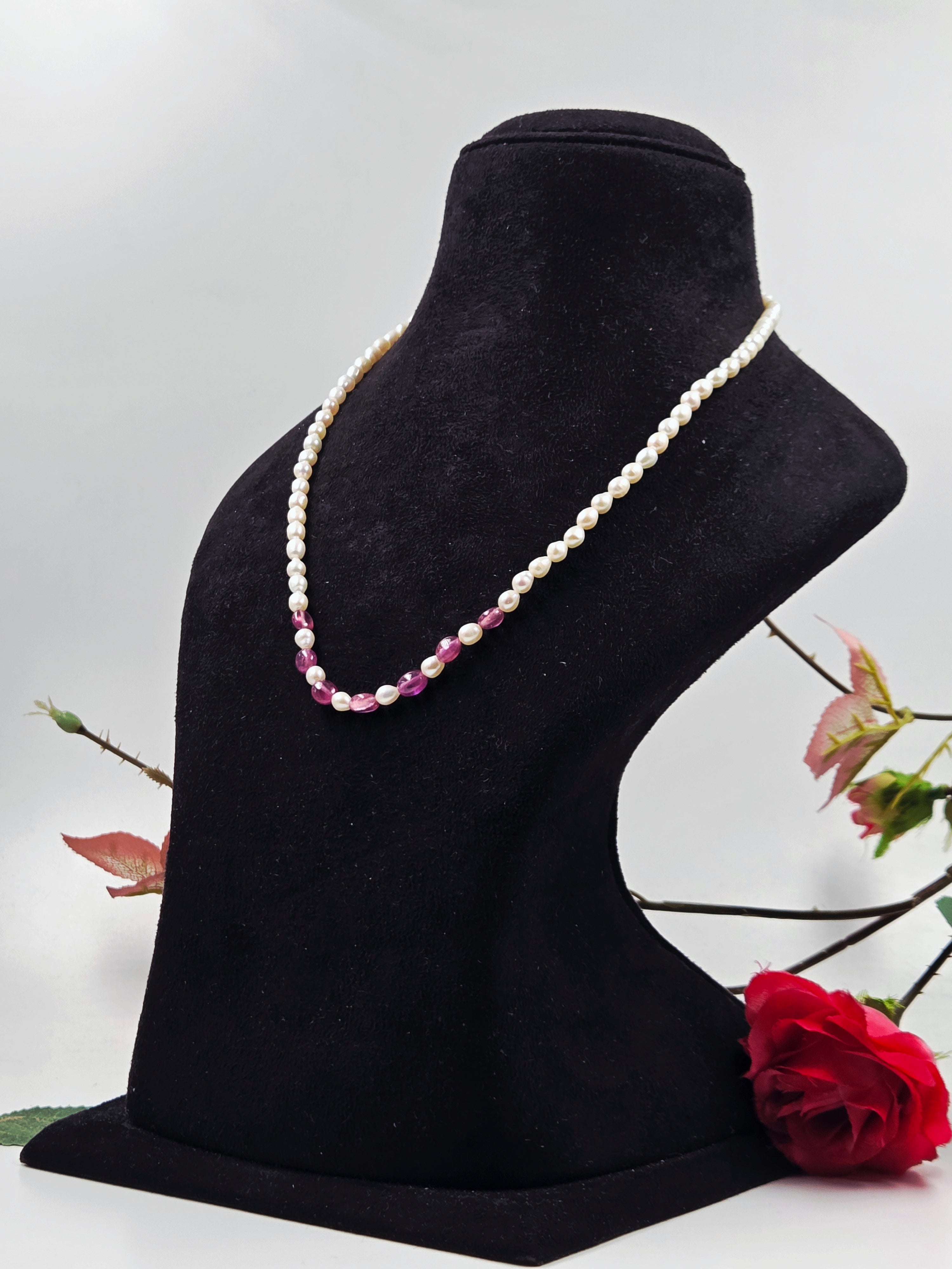 GF Ruby & Freshwater Pearl Necklace with Sterling Silver Lock