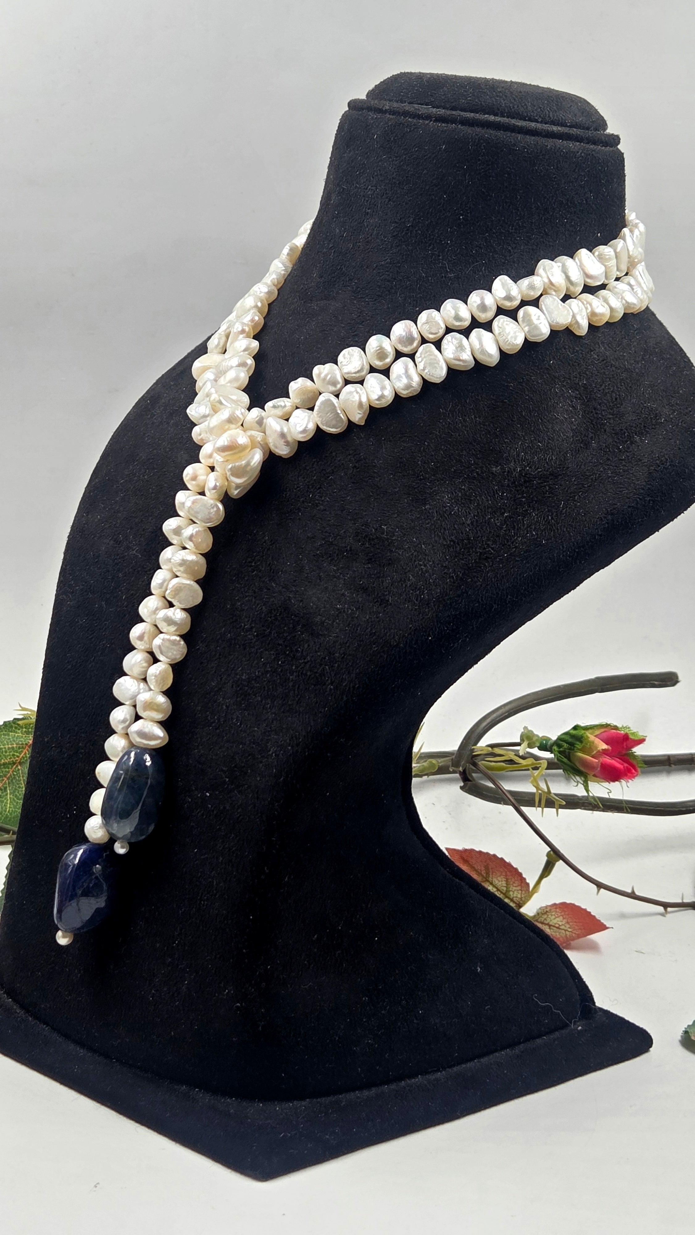 Freshwater Pearl & GF Sapphire Scarf Necklace