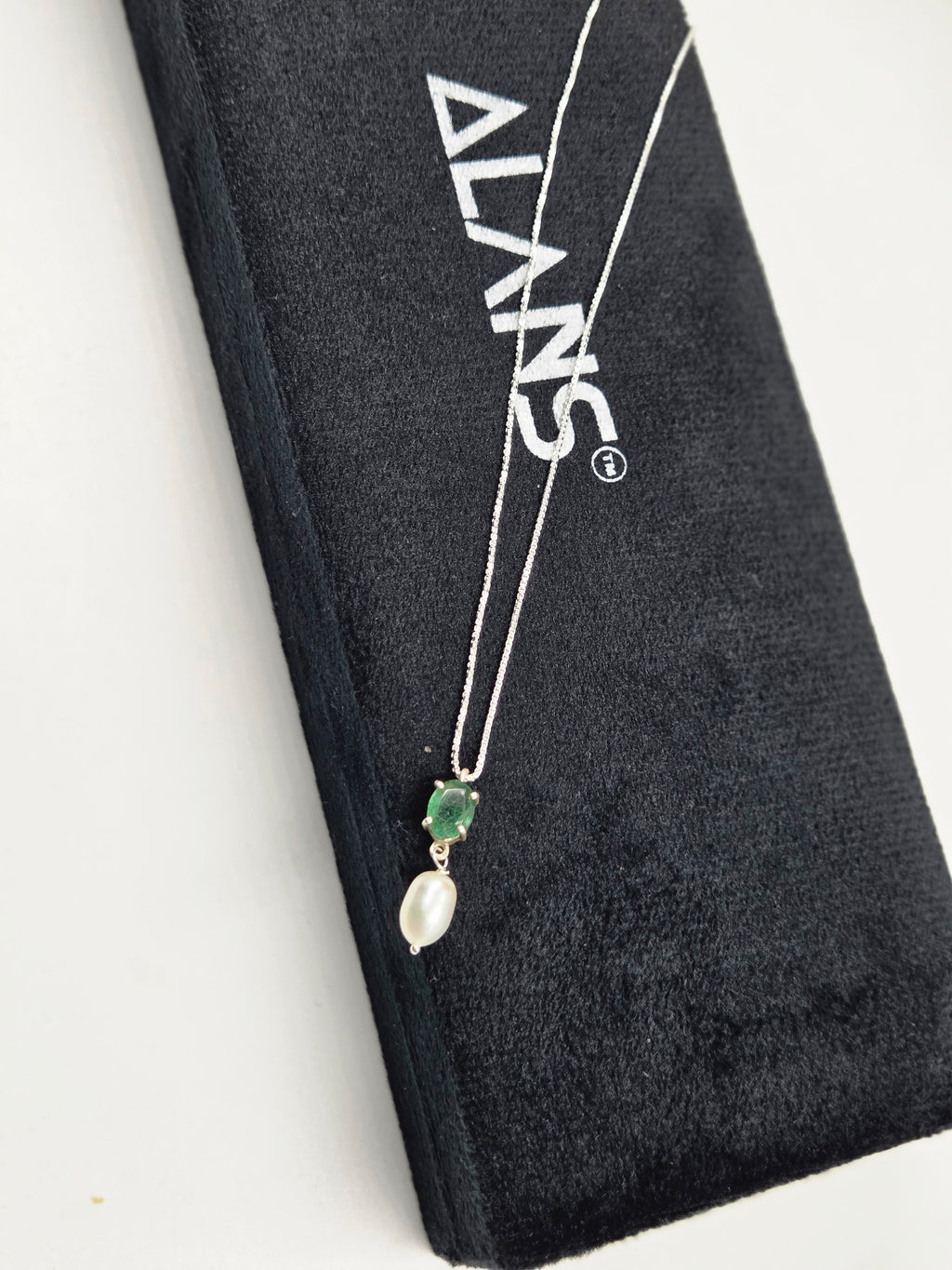 Natural Emerald Necklace with Freshwater Pearl Drop in Sterling Silver