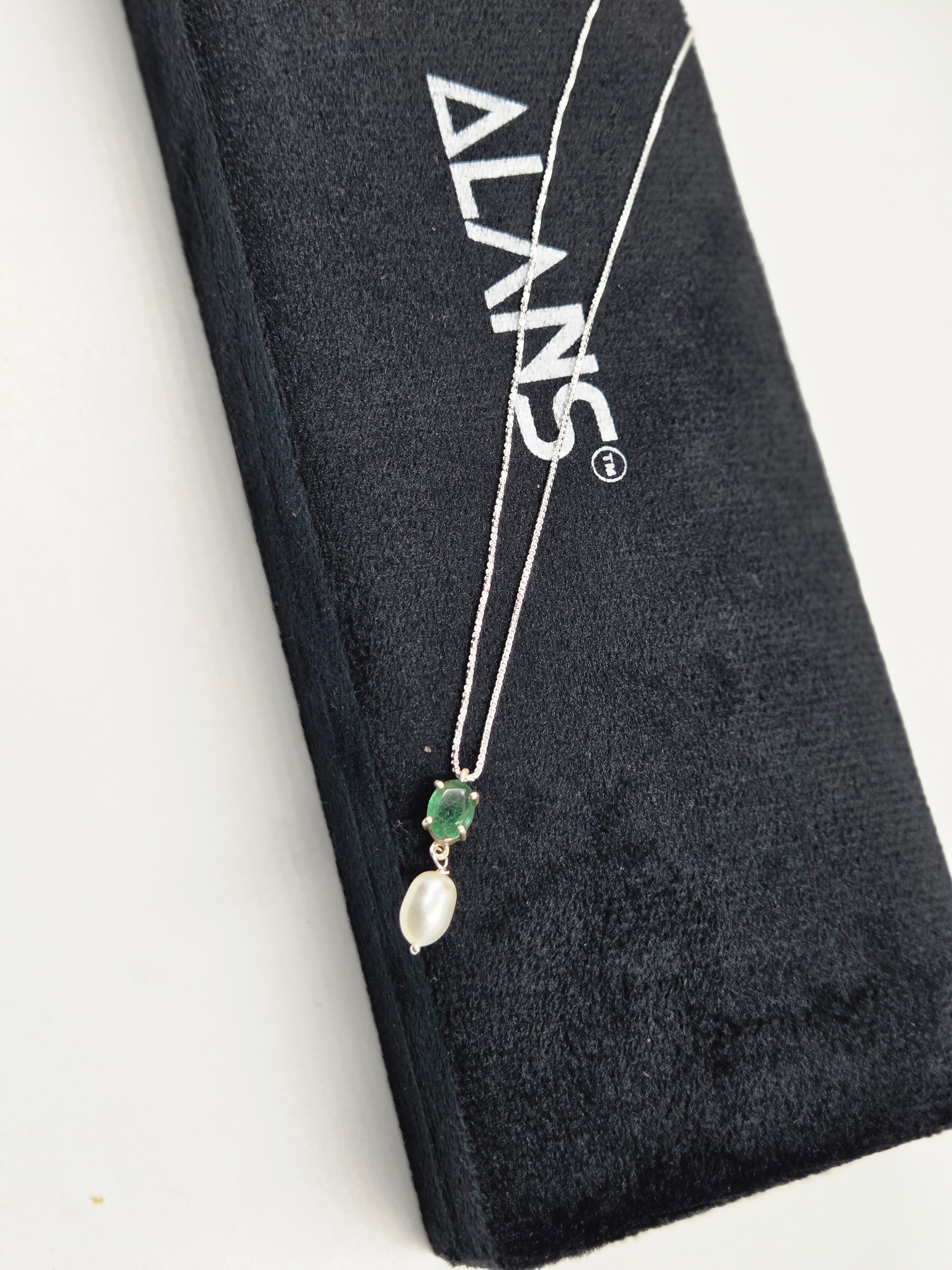 Natural Emerald Necklace with Freshwater Pearl Drop in Sterling Silver