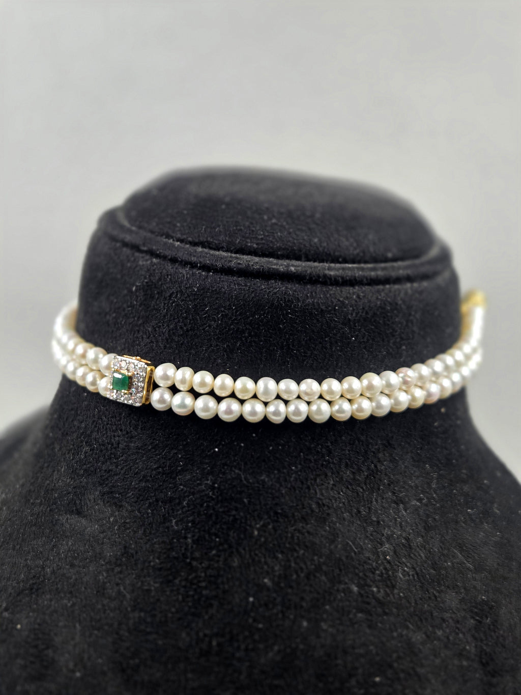 Lab-Grown Diamond & Natural Emerald Freshwater Pearl Choker Set with Earrings in Sterling Silver