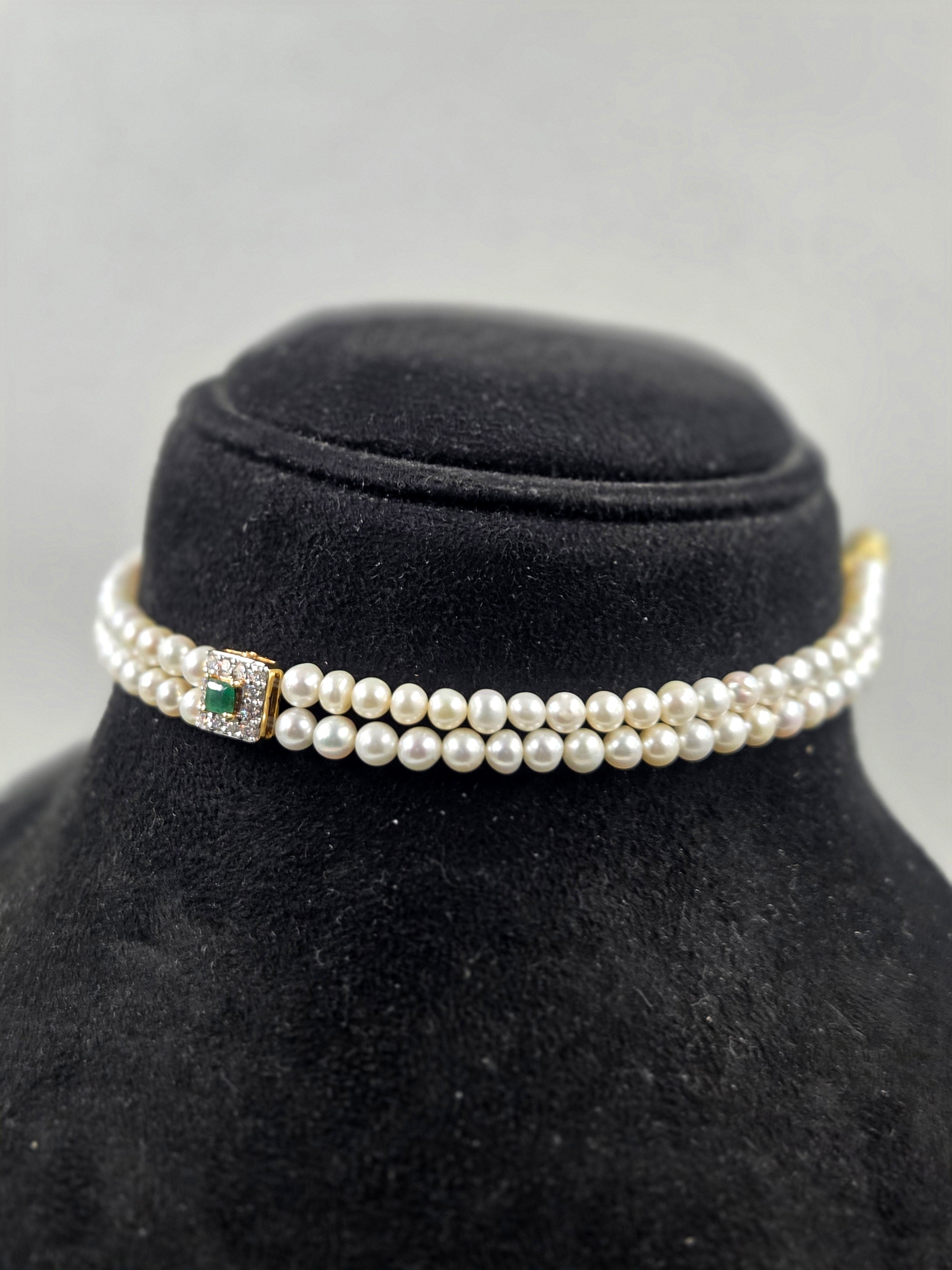 Lab-Grown Diamond & Natural Emerald Freshwater Pearl Choker Set with Earrings in Sterling Silver